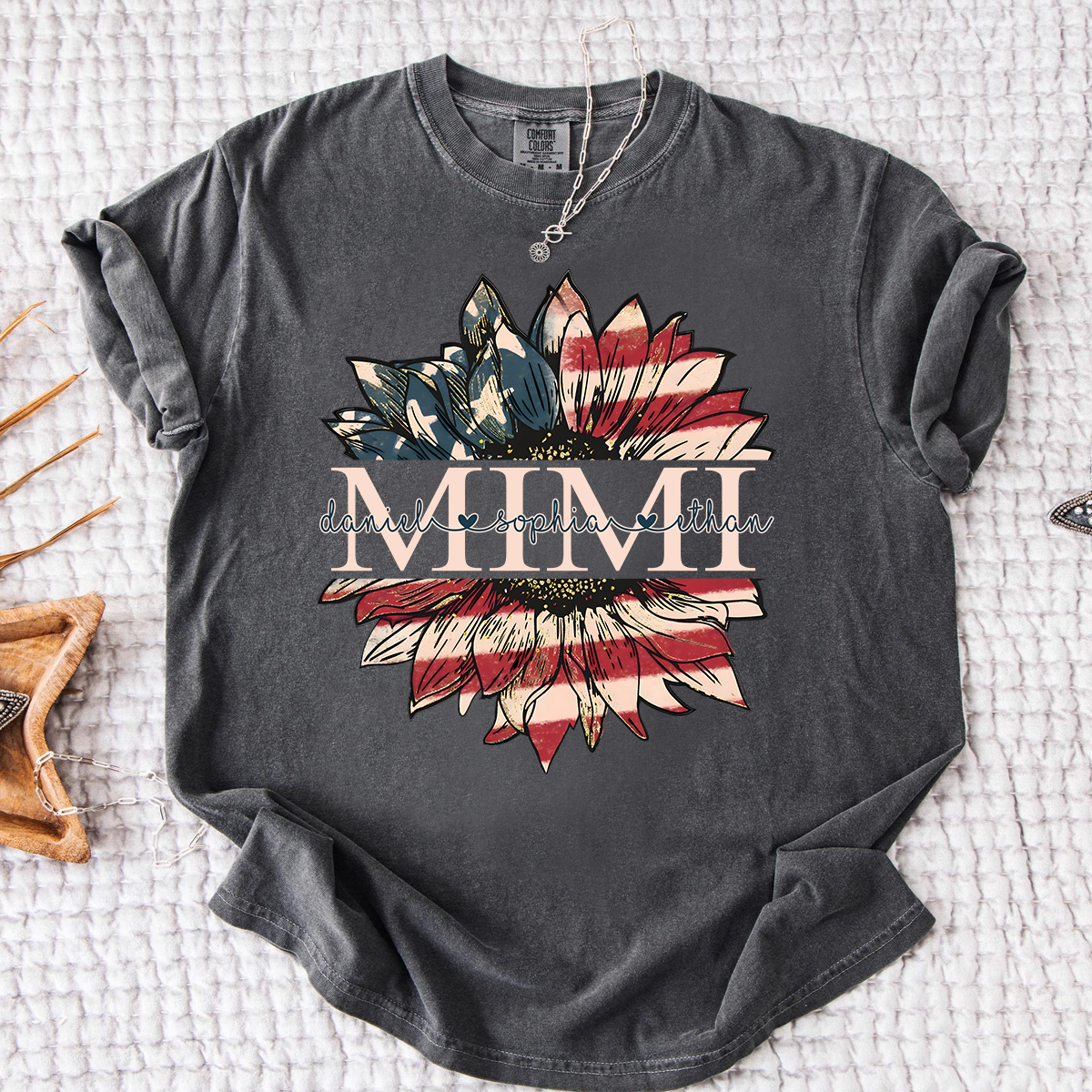 Comfort Colors Personalized Mimi Shirt Sunflower American Flag Design, Custom Kids Names Grandma T Shirt