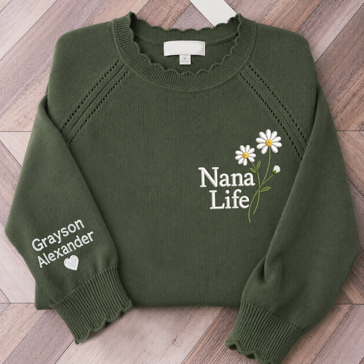 Custom Embroidered Knit Nana Life Sweater – Personalized Daisy Floral Crewneck with Sleeve Name