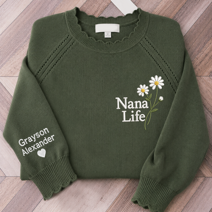 Custom Embroidered Knit Nana Life Sweater – Personalized Daisy Floral Crewneck with Sleeve Name