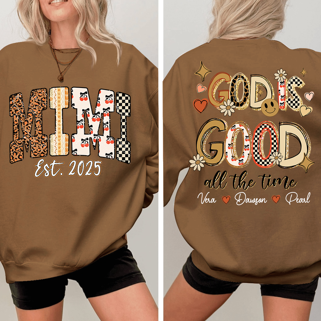 Christian Mimi Sweatshirt, Personalized Grandma and Grandkids Names, God Is Good Design