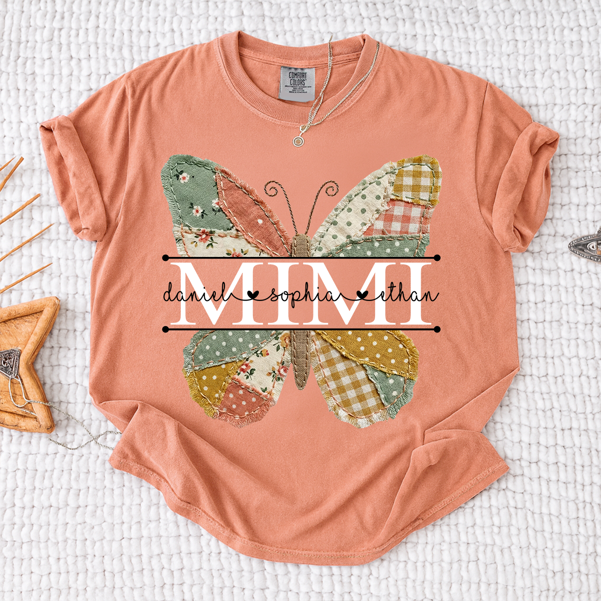 Comfort Mimi Butterfly Shirt, Custom Grandkids Names with Colorful Patchwork Butterfly Design