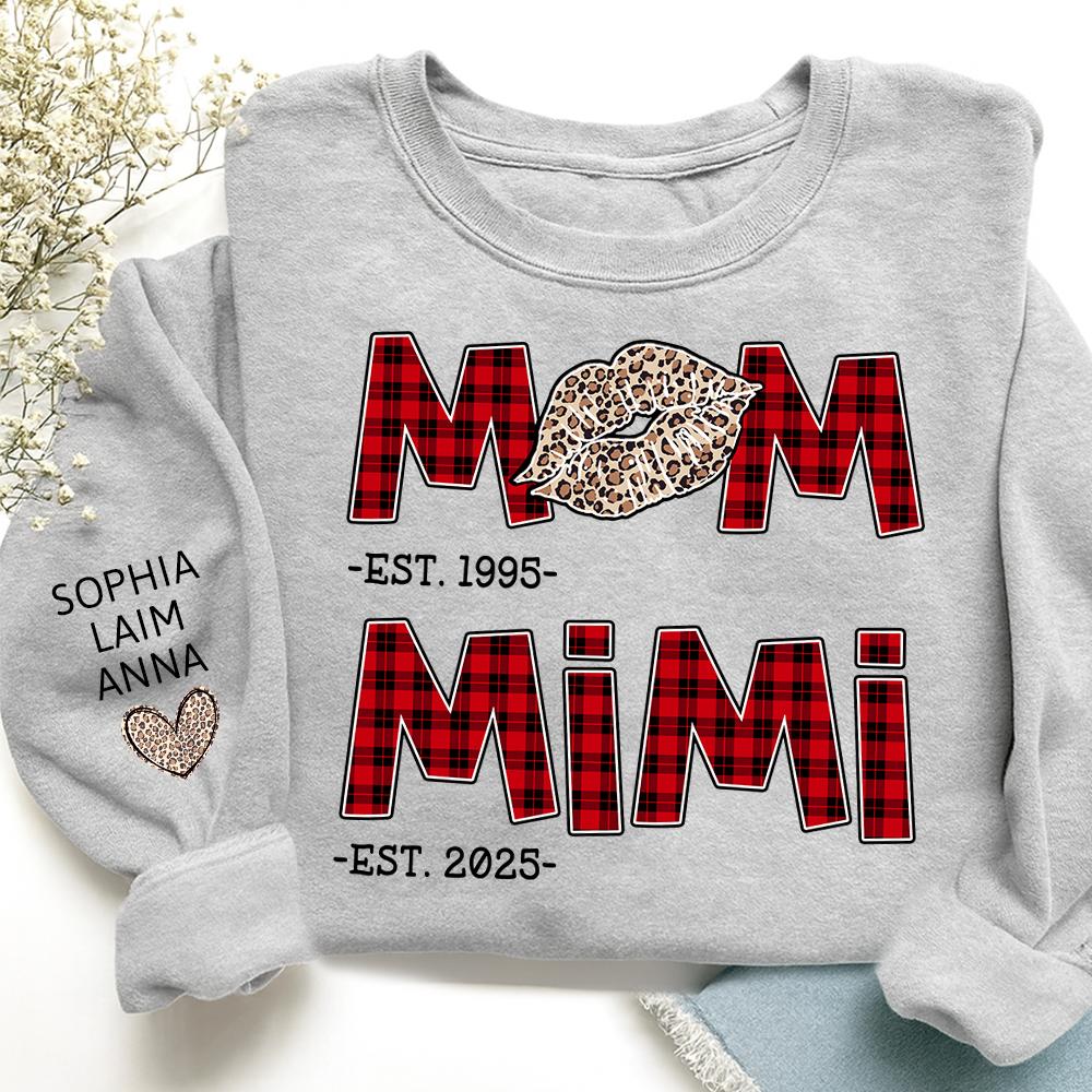Personalized Mom Mimi Sweatshirt, Custom Leopard Lips Plaid Letters
