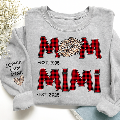 Personalized Mom Mimi Sweatshirt, Custom Leopard Lips Plaid Letters