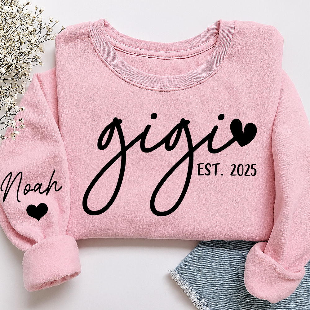Personalized Gigi Sweatshirt, Custom Printed Name and Grandkids’ Names on Sleeve with Heart