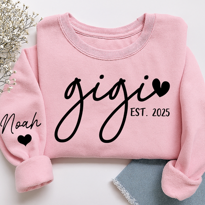 Personalized Gigi Sweatshirt, Custom Printed Name and Grandkids’ Names on Sleeve with Heart
