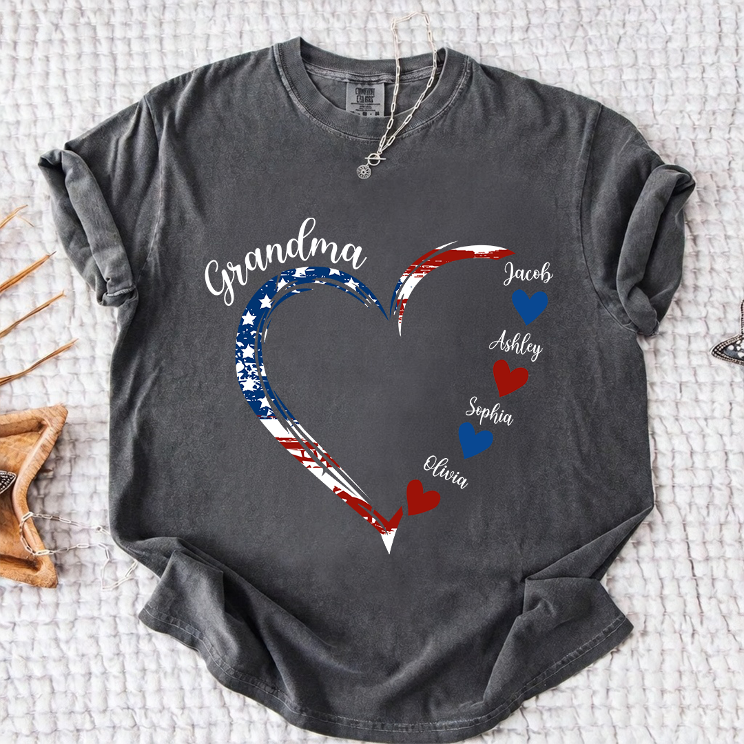 Comfort Colors Personalized Grandma Heart Shirt with Grandkids Names - Custom American Flag Heart Tee - Gift for Nana, Mimi, Gigi
