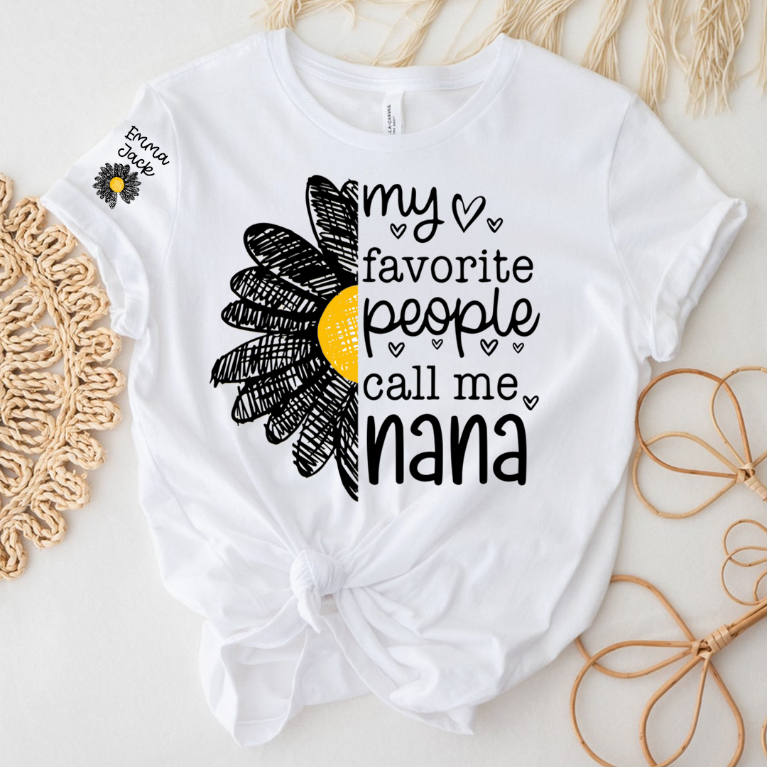 Personalized Nana Floral Shirt with Daisy and Sun Graphics, Custom Grandkids Names