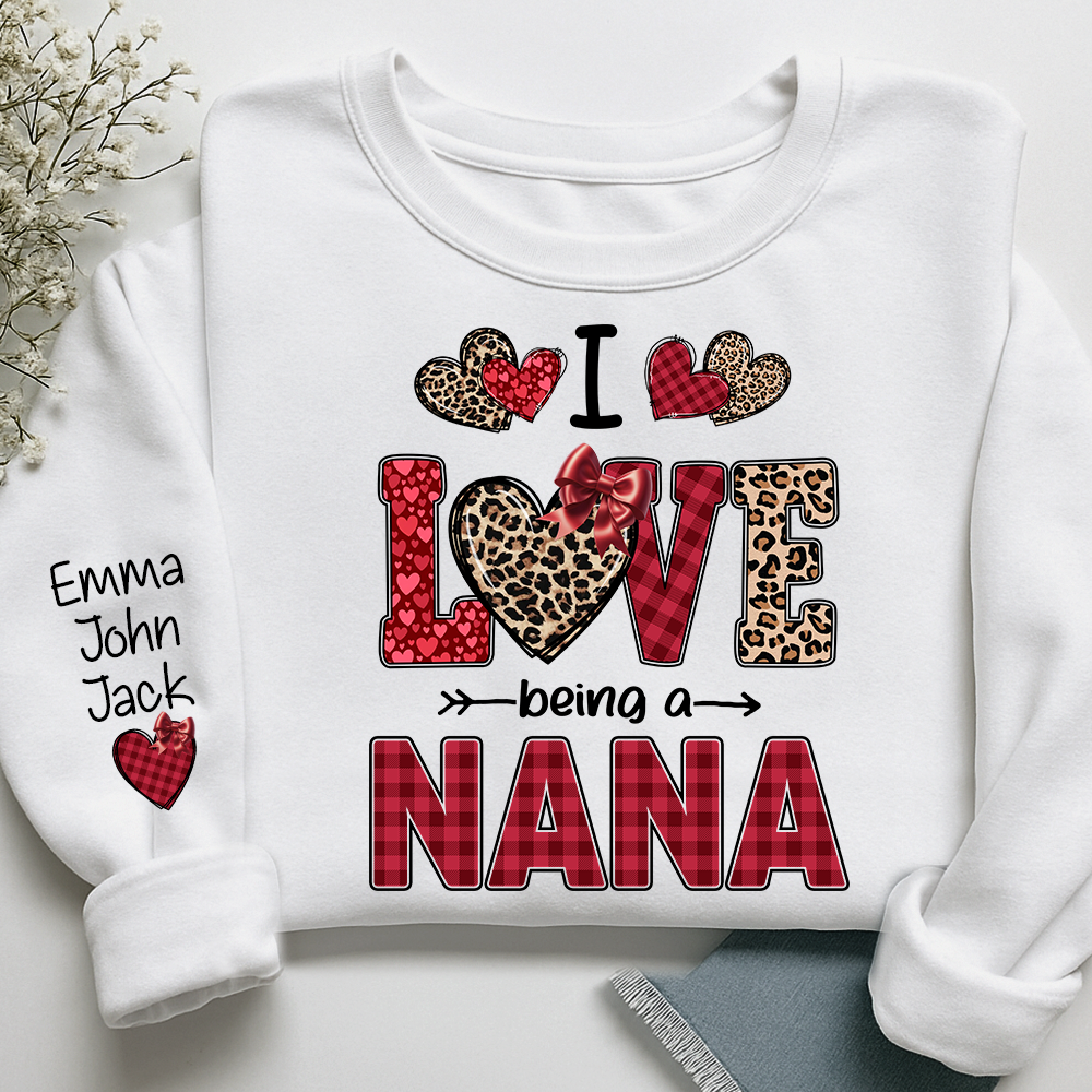 I Love Being a Nana Sweatshirt, Leopard and Plaid Heart Valentine Family Crewneck