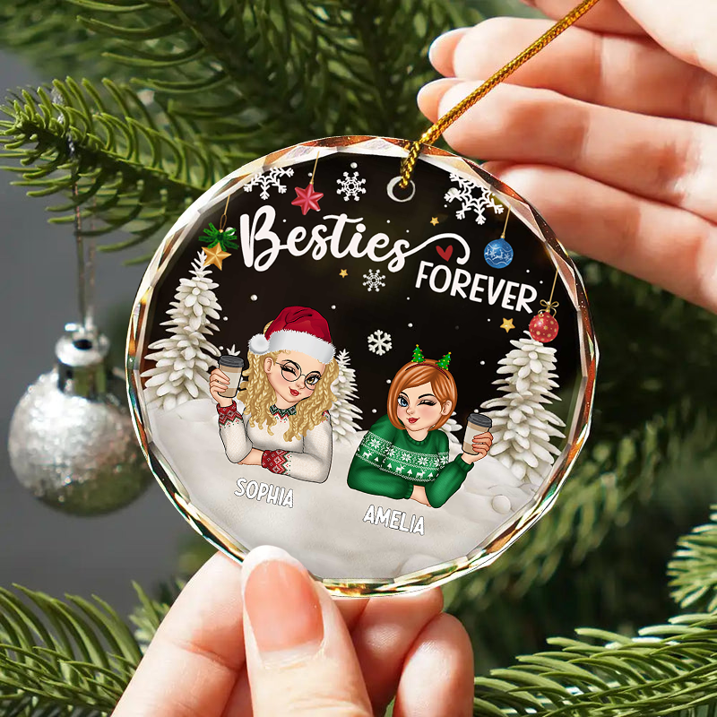 Besties Forever Christmas - Personalized Circle Round Glass Ornament