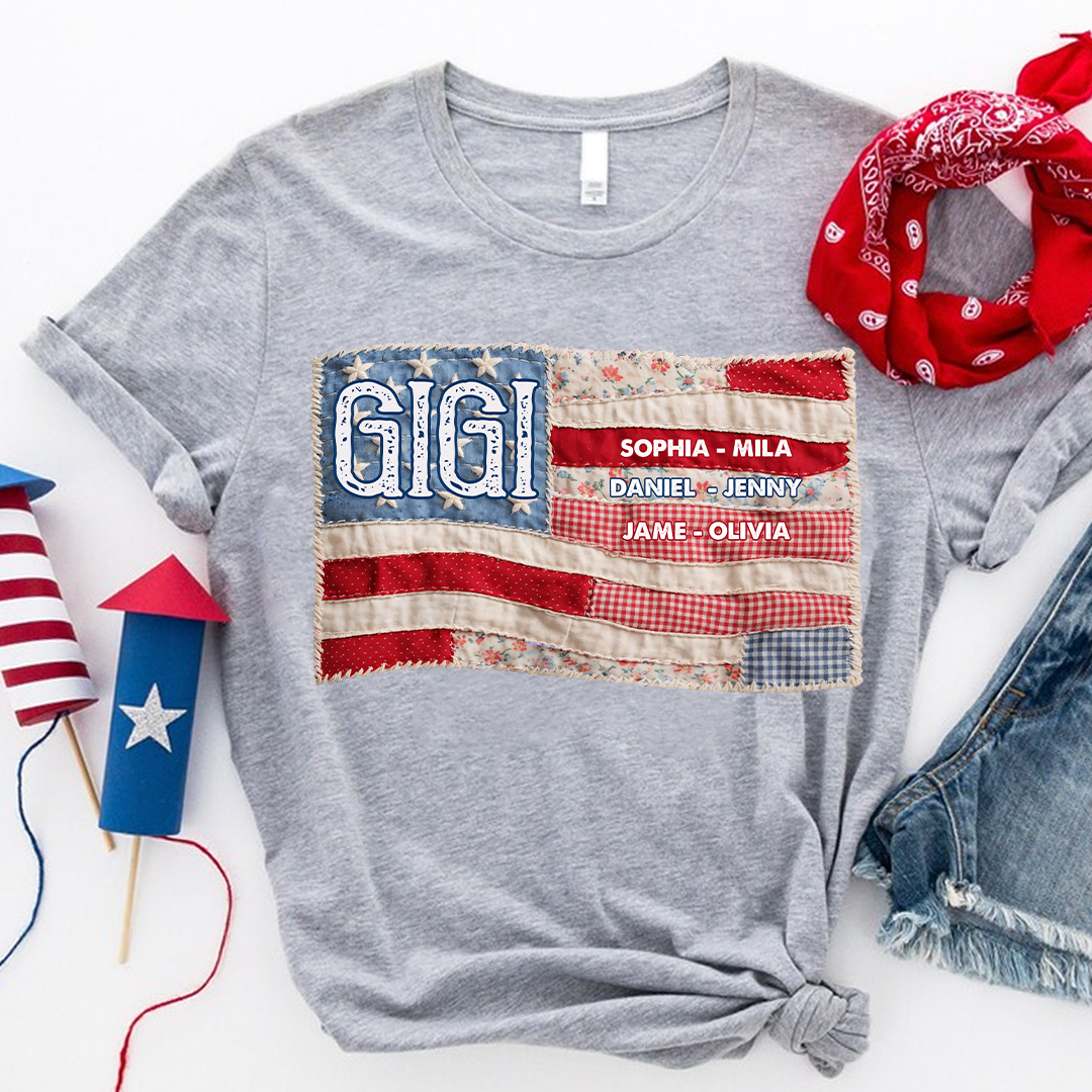 America Flag Personalized Gigi and Grandkids 4th of July Independence Day Gift T-shirt