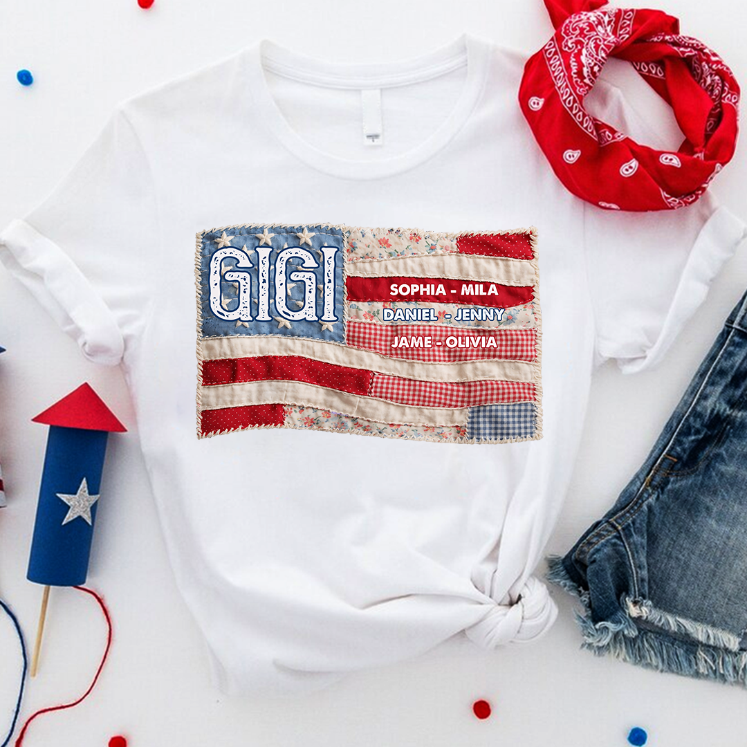 America Flag Personalized Gigi and Grandkids 4th of July Independence Day Gift T-shirt
