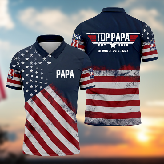 American Flag 1776–2026 Patriotic USA 250th Anniversary Polo Top Papa Grandpa and Grandkids Independence Gift
