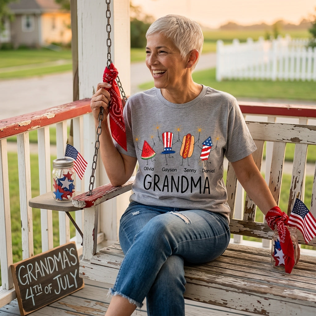 Cute Fourth of July Personalized Grandma and Grandkids Watermelon Hotdog Firework T-shirt