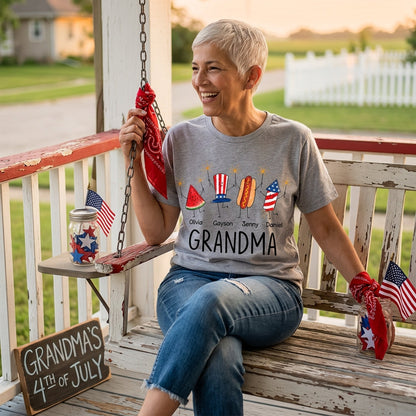 Cute Fourth of July Personalized Grandma and Grandkids Watermelon Hotdog Firework T-shirt