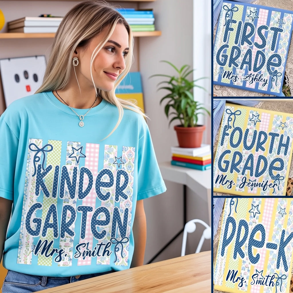 Striped Preppy School Grade Floral, Pre-K to 4th Grade, Custom Teacher Name, Kids Name, Back To SchoolStriped Preppy School Grade Floral, Pre-K to 4th Grade, Custom Teacher Name, Kids Name, Back To School