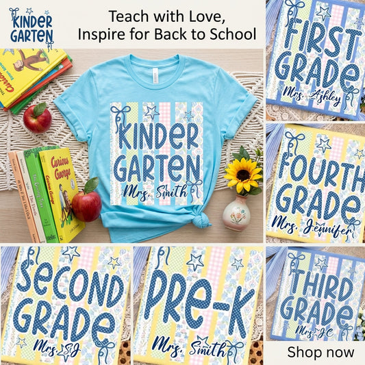 Striped Preppy School Grade Floral, Pre-K to 4th Grade, Custom Teacher Name, Kids Name, Back To SchoolStriped Preppy School Grade Floral, Pre-K to 4th Grade, Custom Teacher Name, Kids Name, Back To School