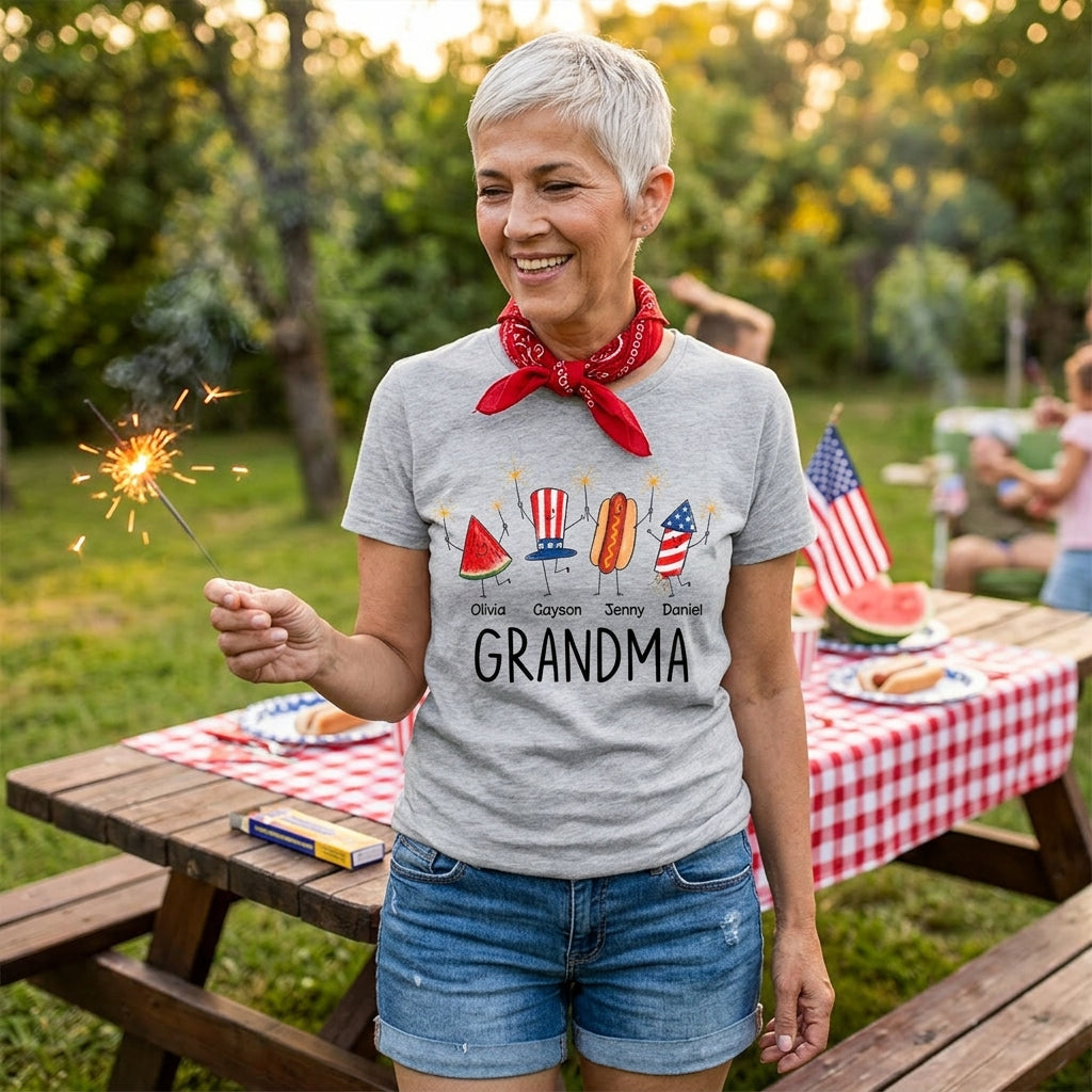 Cute Fourth of July Personalized Grandma and Grandkids Watermelon Hotdog Firework T-shirt