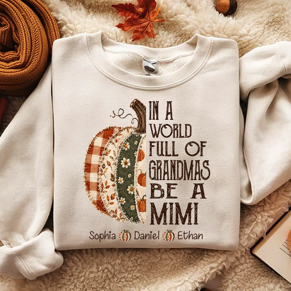Personalized Mimi Pumpkin Shirt, Fall Floral Patchwork Grandma Tee, In a World Full of Grandmas Be a Mimi Gift Shirt