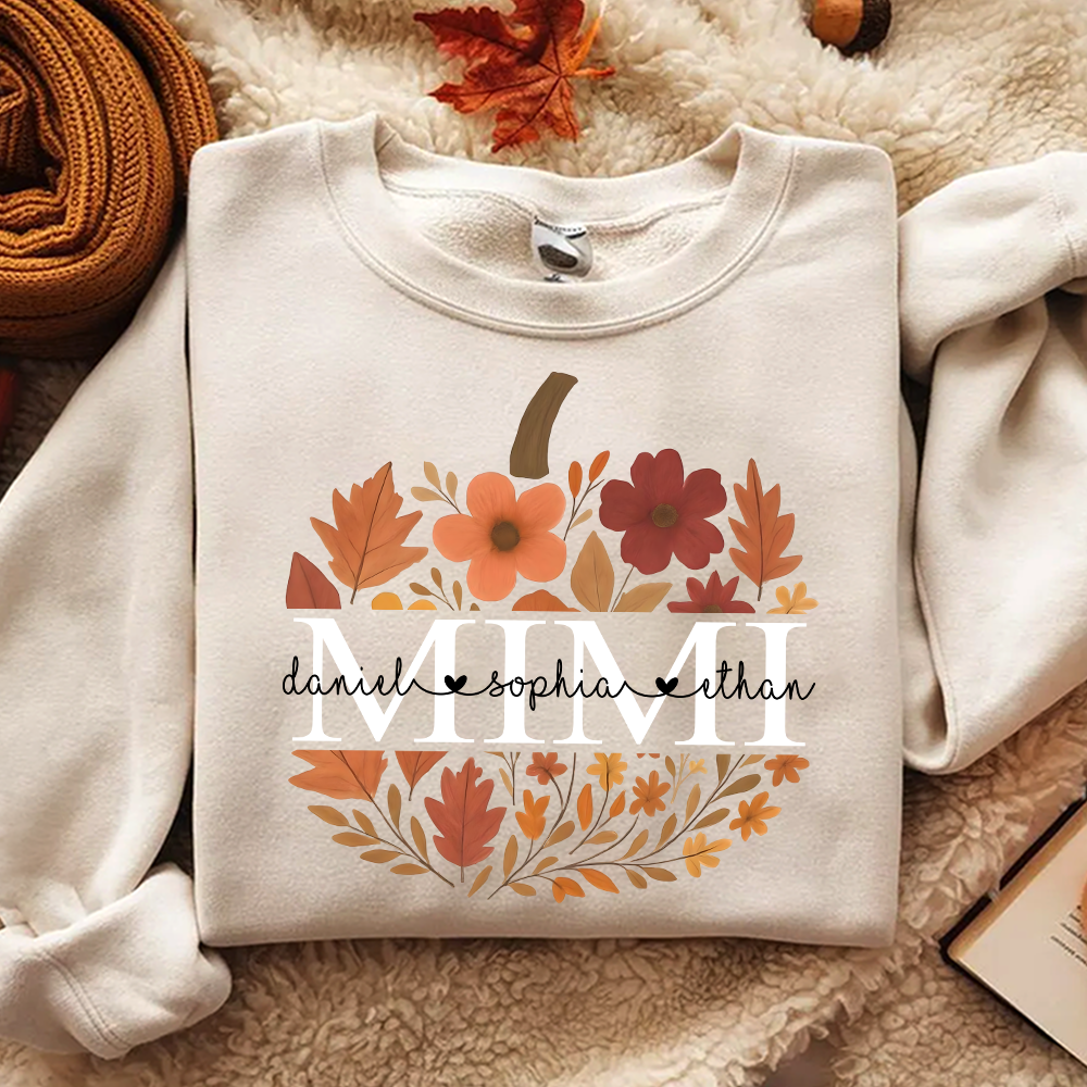 Mimi Pumpkin Floral Sweatshirt, Custom Grandchildren Names Fall Shirt, Personalized Autumn Grandma Gift, Cozy Family Outfit