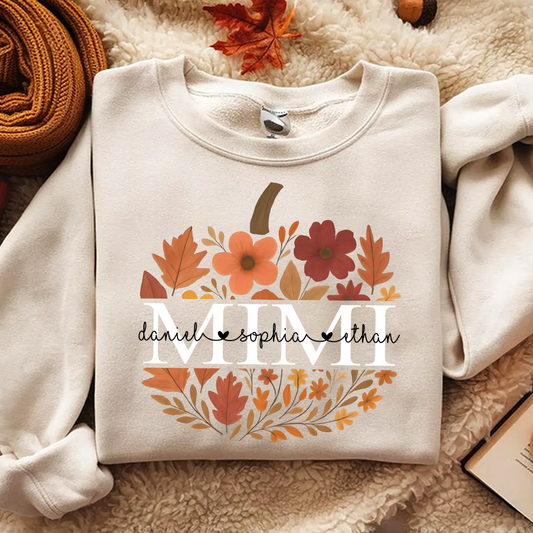 Mimi Pumpkin Floral Sweatshirt, Custom Grandchildren Names Fall Shirt, Personalized Autumn Grandma Gift, Cozy Family Outfit