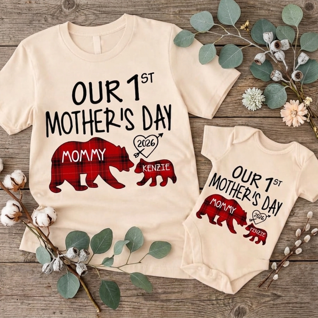 Mama Bear, Personalized Our First Mothers Day Mommy and Baby Matching Outfits Shirts
