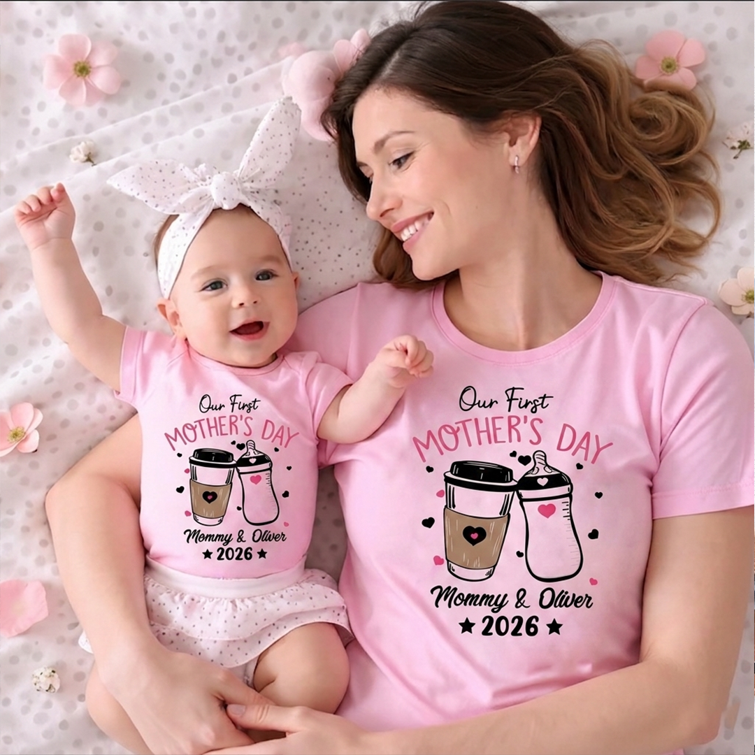 Personalized Our First Mothers Day Mommy and Baby Matching Outfits Shirts