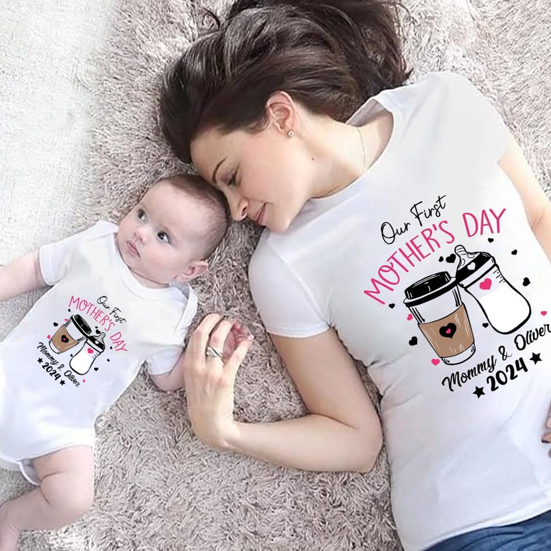 Personalized Our First Mothers Day Mommy and Baby Matching Outfits Shirts