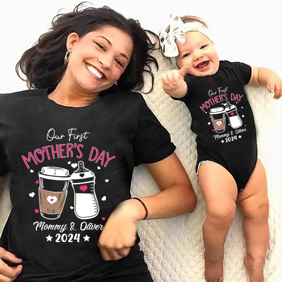Personalized Our First Mothers Day Mommy and Baby Matching Outfits Shirts