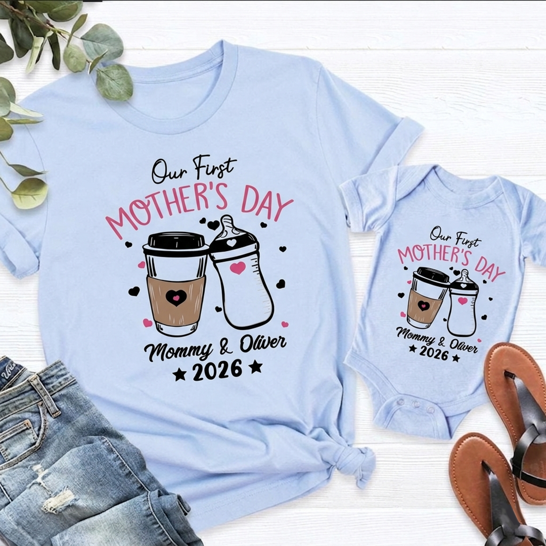 Personalized Our First Mothers Day Mommy and Baby Matching Outfits Shirts