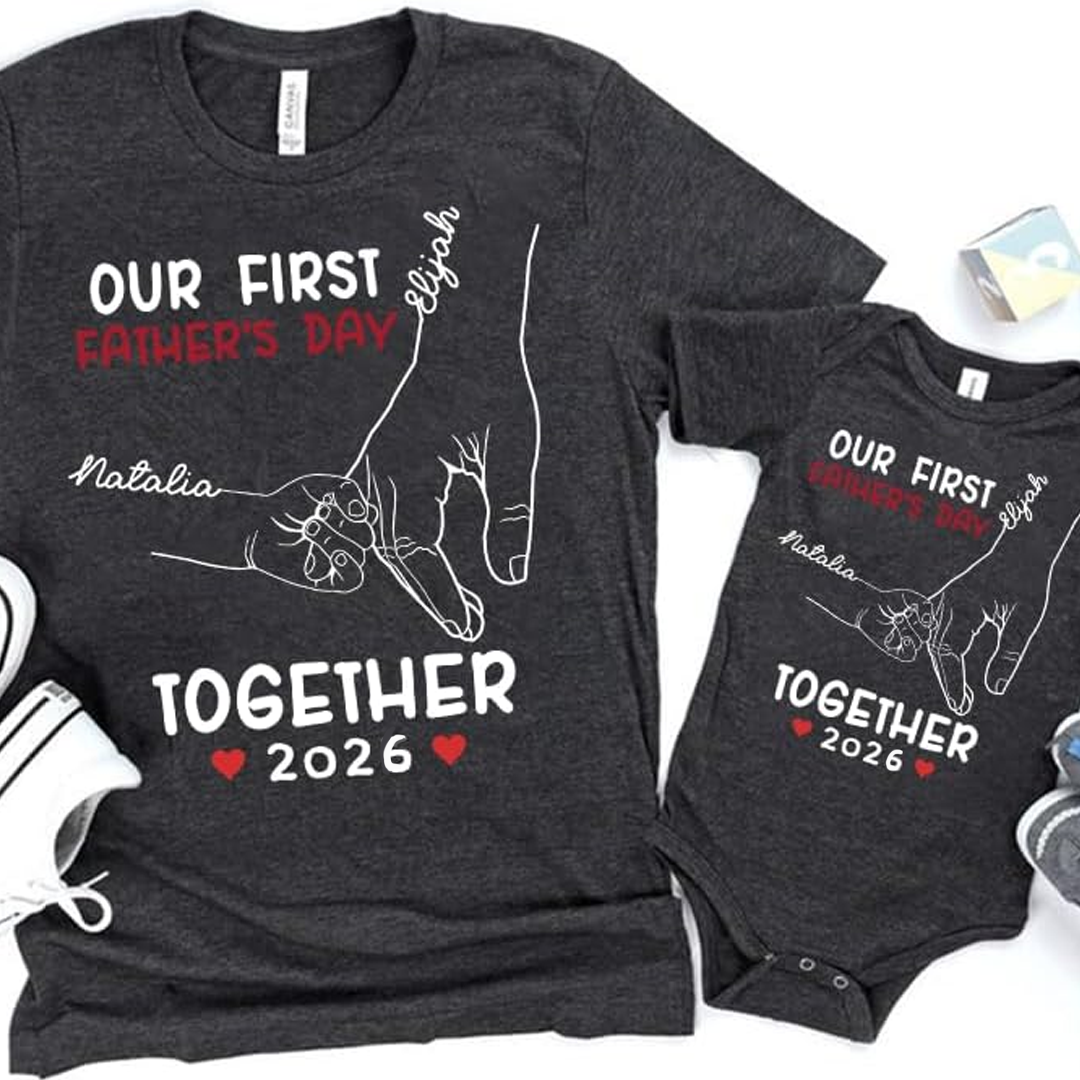 Personalized Our First Father Day Dad and Baby Hand In Hand Matching Outfits Shirts