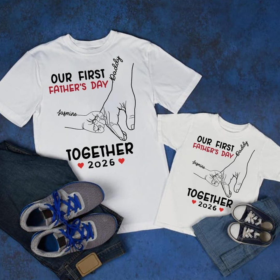 Personalized Our First Father Day Dad and Baby Hand In Hand Matching Outfits Shirts