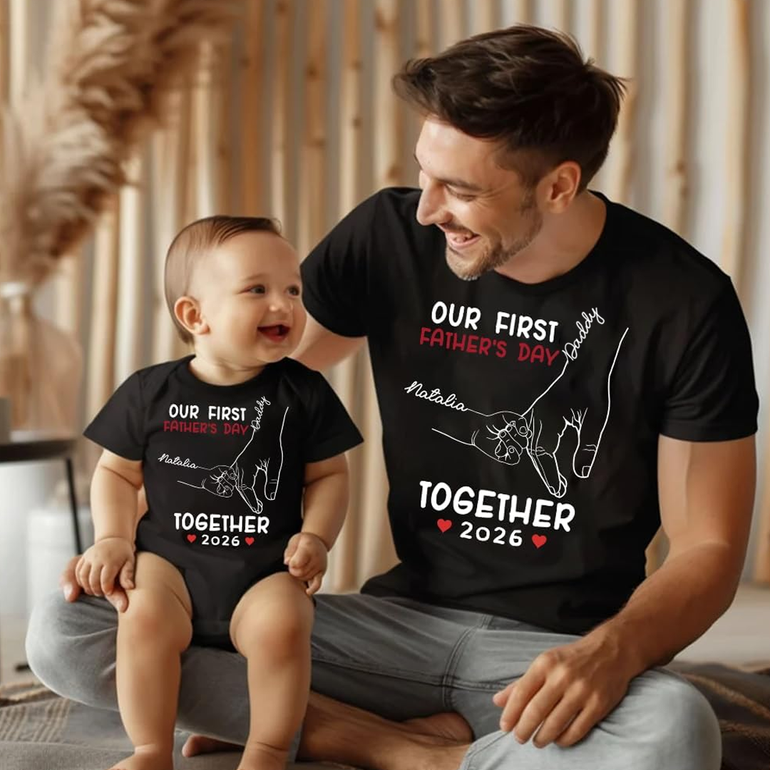 Personalized Our First Father Day Dad and Baby Hand In Hand Matching Outfits Shirts