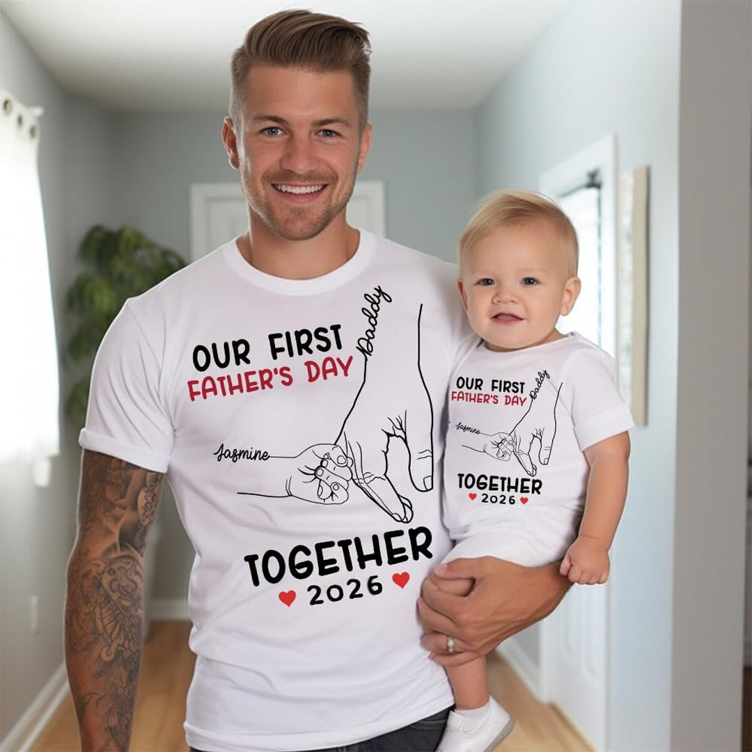 Personalized Our First Father Day Dad and Baby Hand In Hand Matching Outfits Shirts