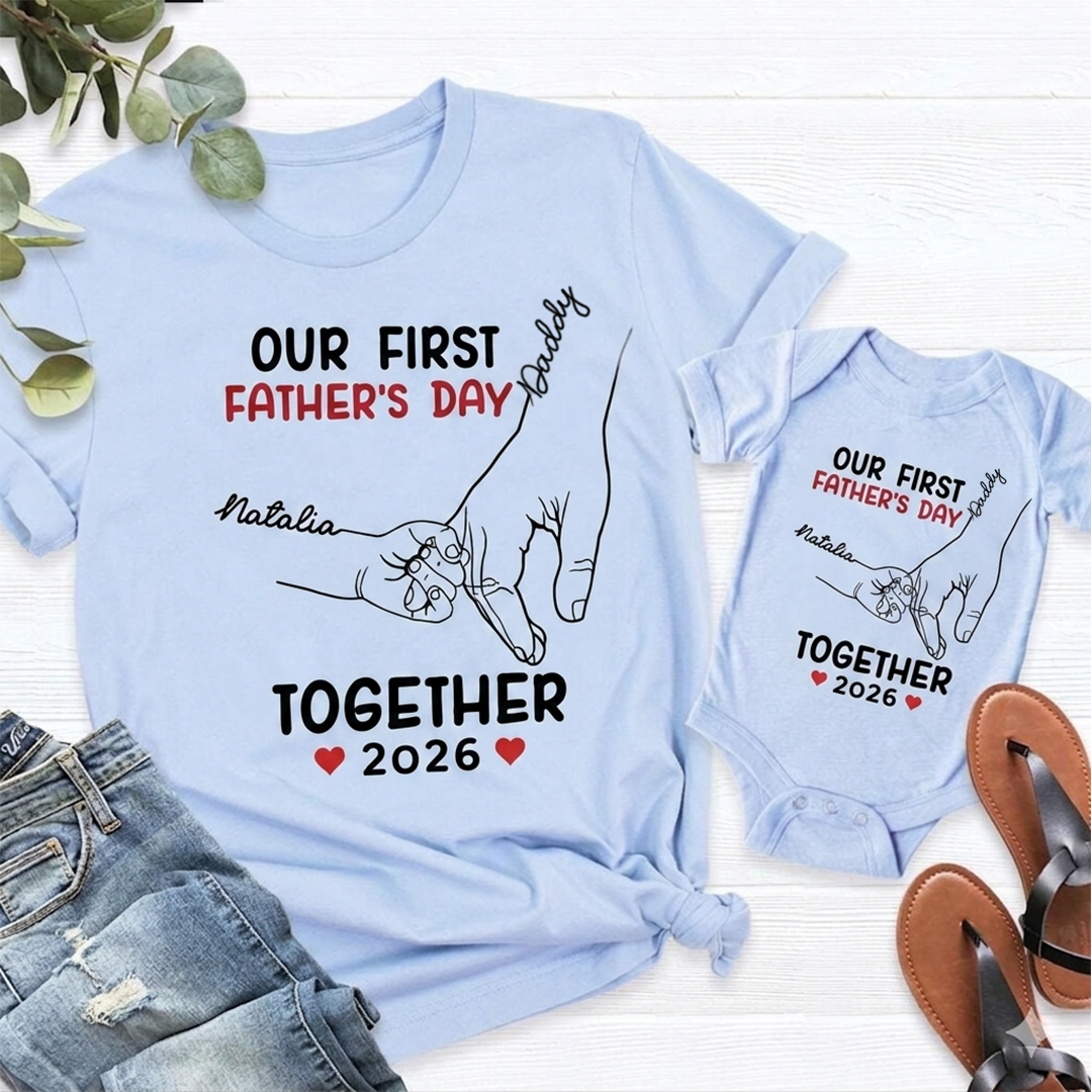 Personalized Our First Father Day Dad and Baby Hand In Hand Matching Outfits Shirts