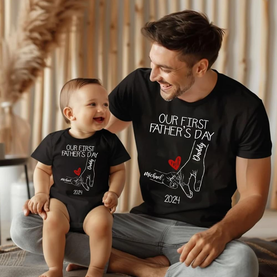 Dad and Baby Personalized Our First Father Day Together Matching Outfits Shirts, Bodysuit Baby