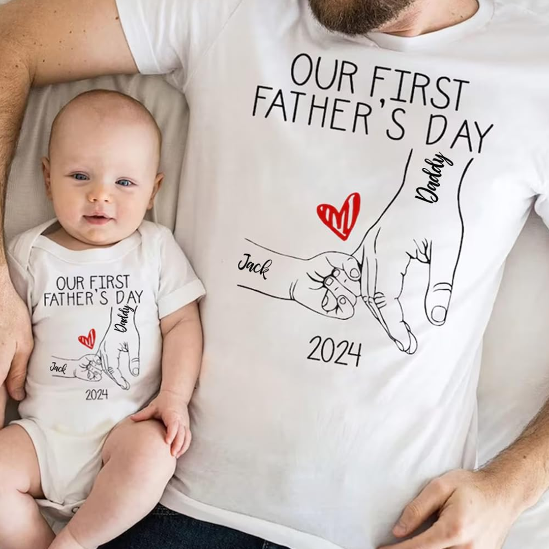 Dad and Baby Personalized Our First Father Day Together Matching Outfits Shirts, Bodysuit Baby