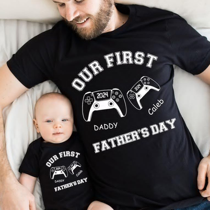 Personalized Our First Father Day Dad and Baby Matching Outfits Shirts, Bodysuit Baby