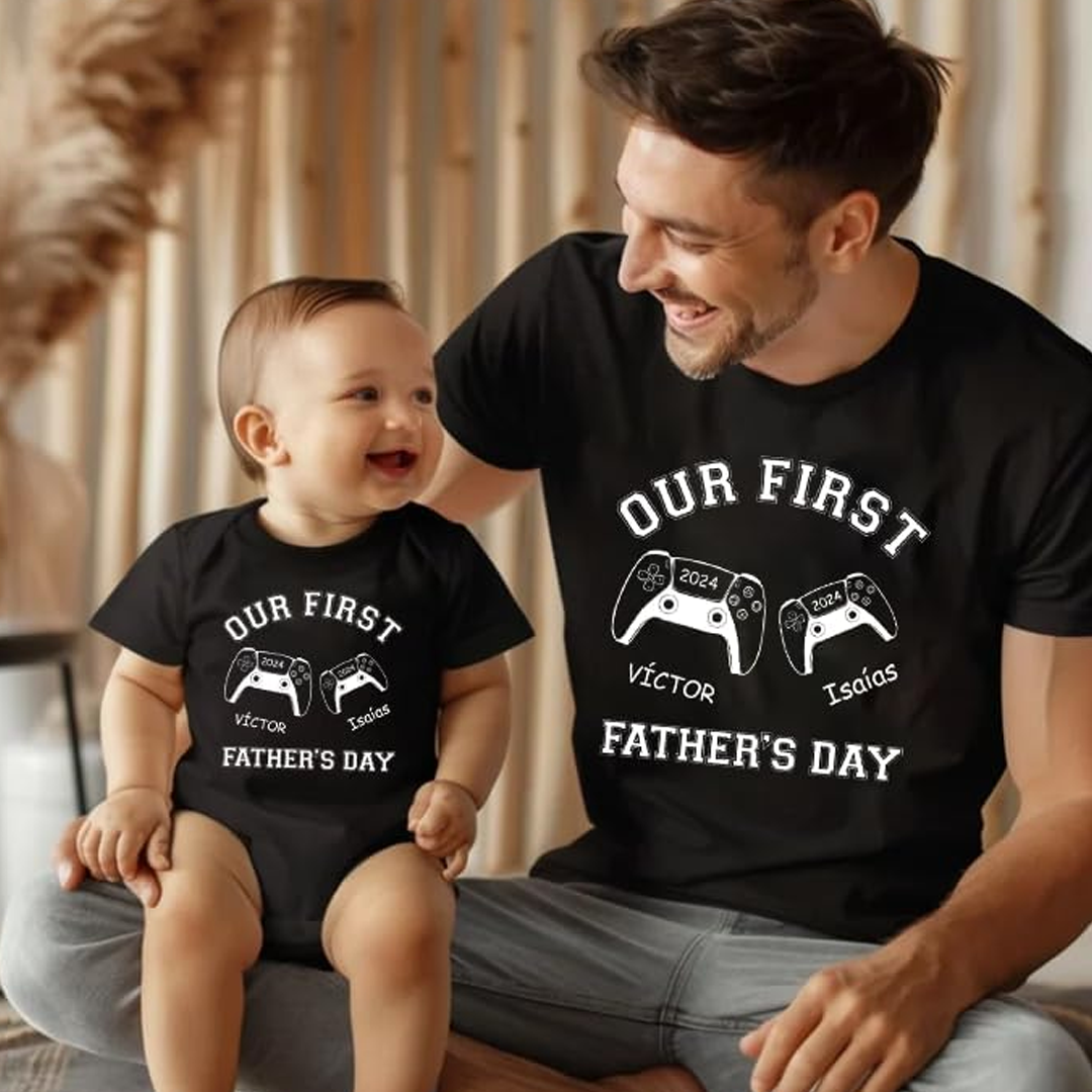 Personalized Our First Father Day Dad and Baby Matching Outfits Shirts, Bodysuit Baby