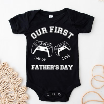 Personalized Our First Father Day Dad and Baby Matching Outfits Shirts, Bodysuit Baby