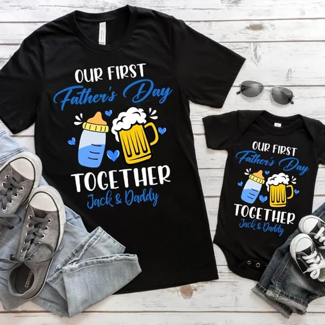 Personalized Our First Father Day Dad and Baby Matching Outfits Shirts