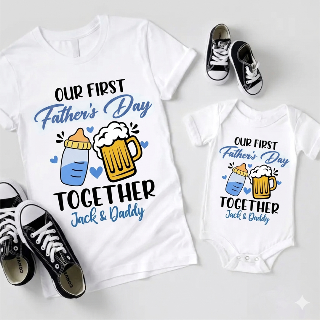 Personalized Our First Father Day Dad and Baby Matching Outfits Shirts