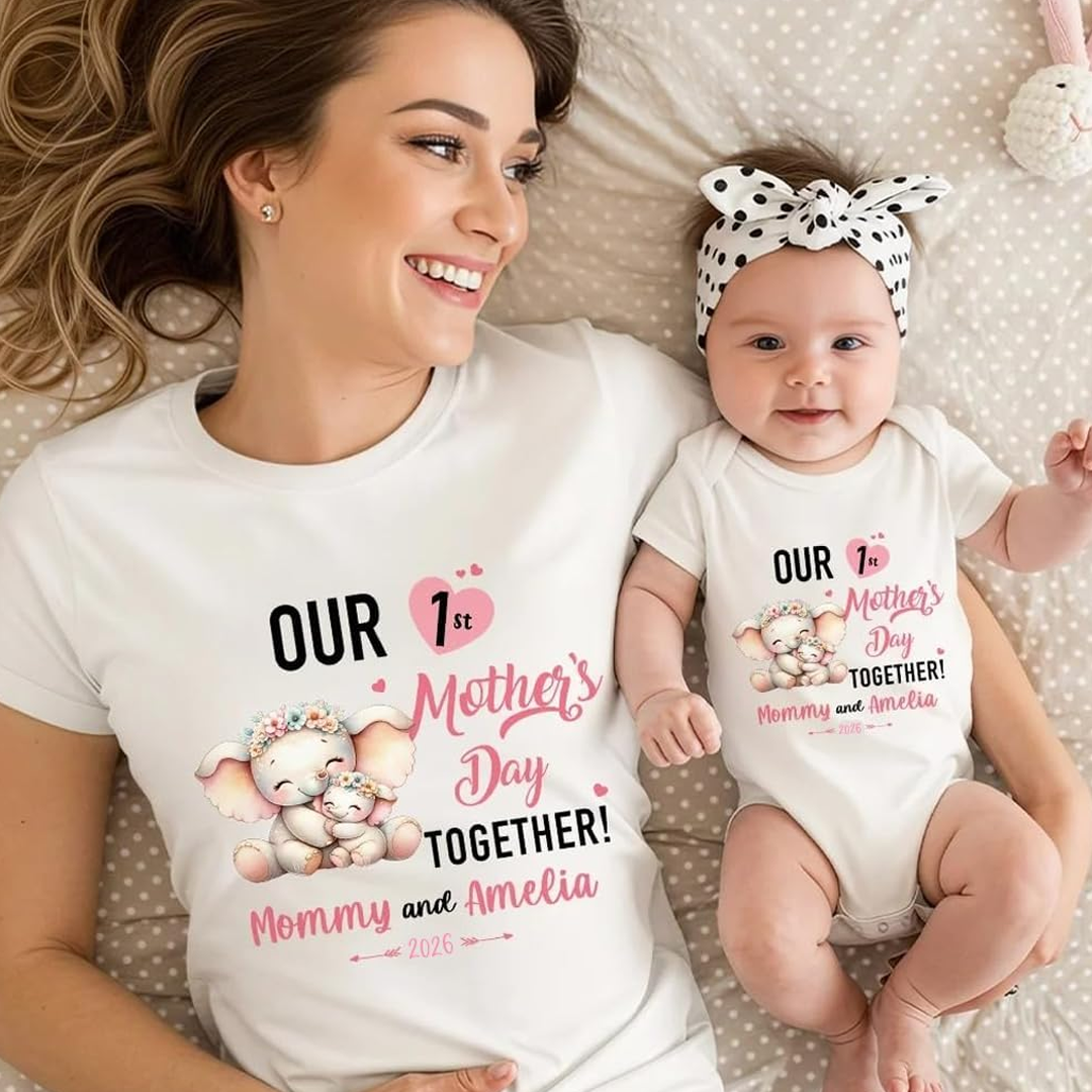Our First Mother's Day Personalized Mom and Kid Name Baby Onesie, Gifts for Mom