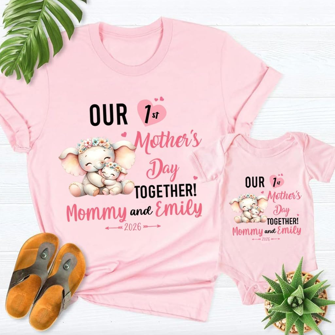 Our First Mother's Day Personalized Mom and Kid Name Baby Onesie, Gifts for Mom