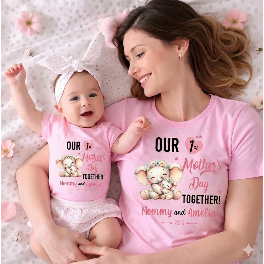 Our First Mother's Day Personalized Mom and Kid Name Baby Onesie, Gifts for Mom