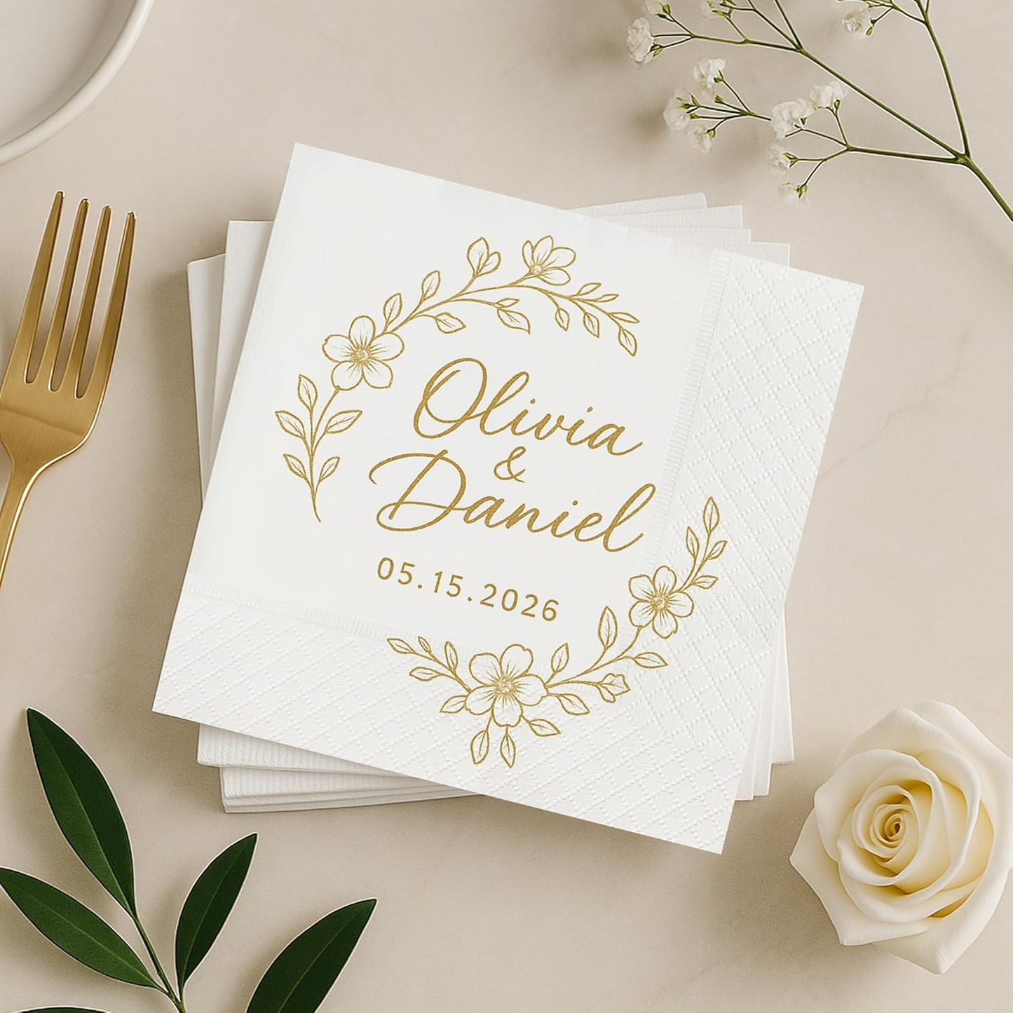 Personalized Gold Floral Wedding Napkins – Custom Name Elegant Bride & Groom Decor