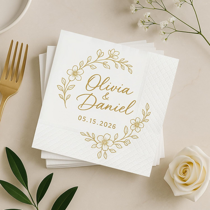 Personalized Gold Floral Wedding Napkins – Custom Name Elegant Bride & Groom Decor