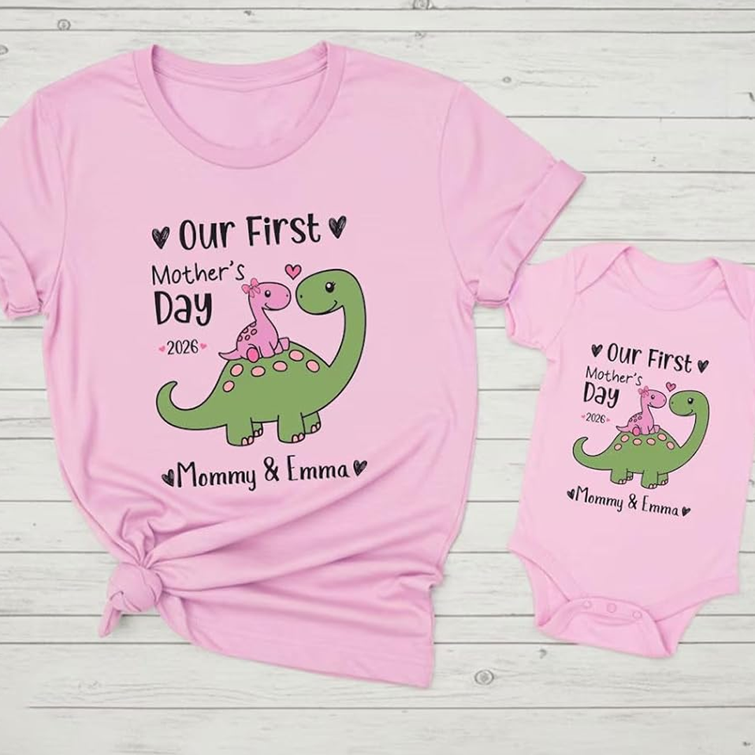Personalized First Mother’s Day Mom & Baby Saurus Outfit Set with Names Gift for New Mom