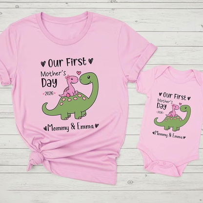 Personalized First Mother’s Day Mom & Baby Saurus Outfit Set with Names Gift for New Mom