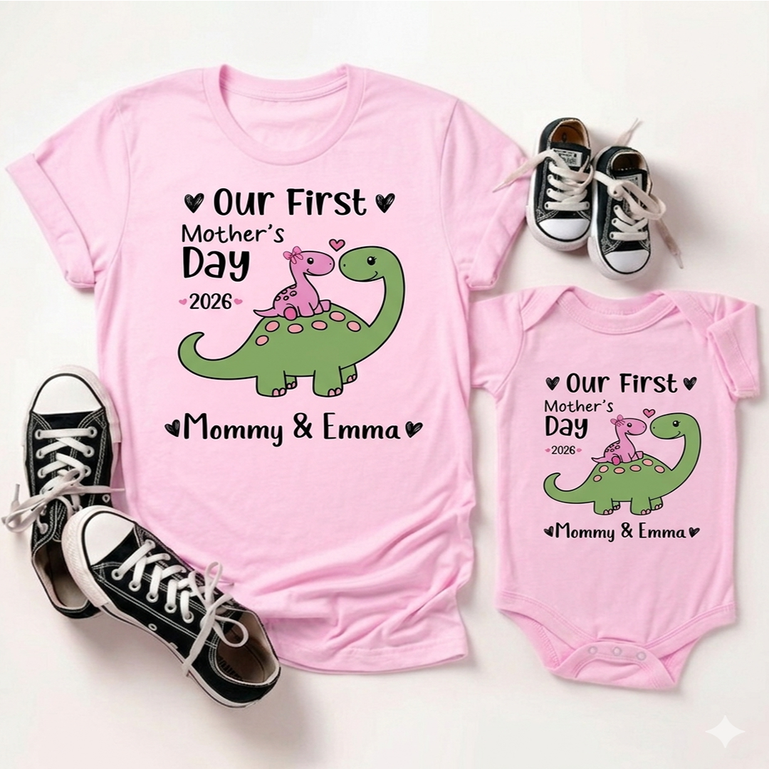 Personalized First Mother’s Day Mom & Baby Saurus Outfit Set with Names Gift for New Mom