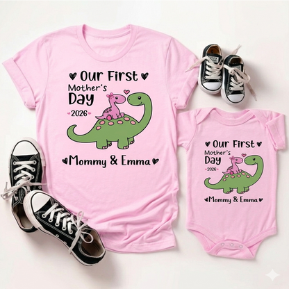Personalized First Mother’s Day Mom & Baby Saurus Outfit Set with Names Gift for New Mom